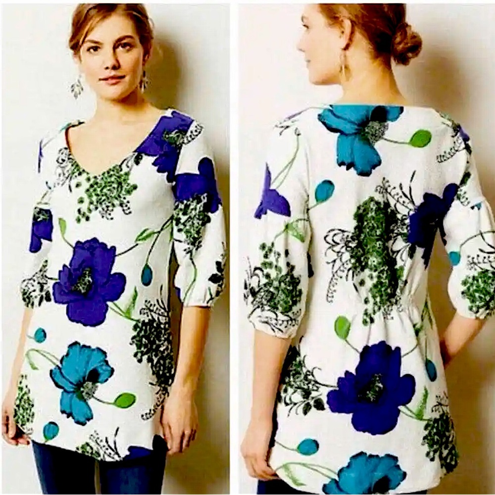 ( Anthropologie ) Deletta Haru Blue & White Floral Tunic